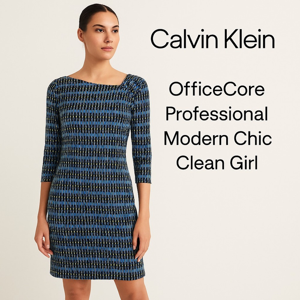Calvin Klein Women's Dress‎ M Geometric Print Blue Black Green Asymmetrical